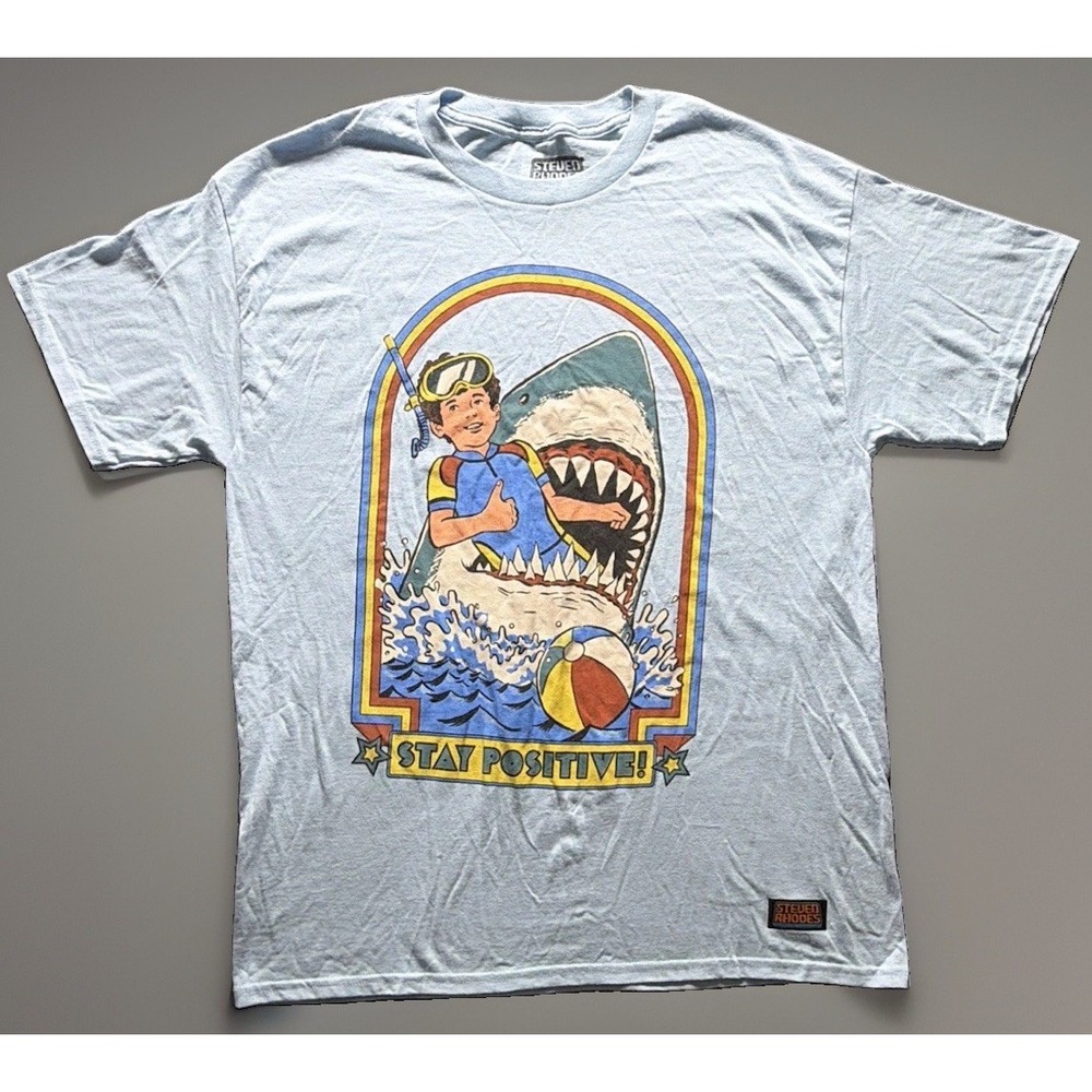 Steven Rhodes Stay Positive Shark Attack Cartoon T-Shirt. Light Blue Adult Sz. L